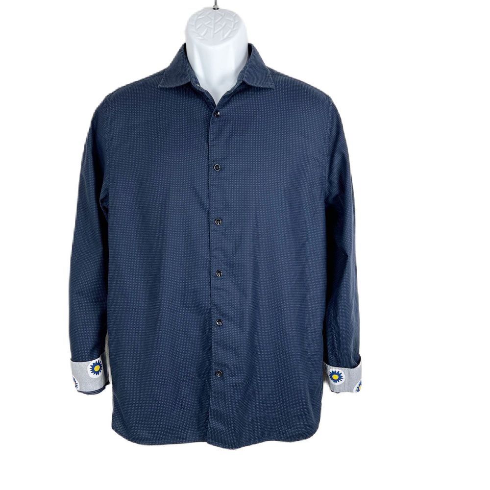 Ted Baker London Button Down Shirt Men 3 Medium Blue Polka Dot Floral Foldover